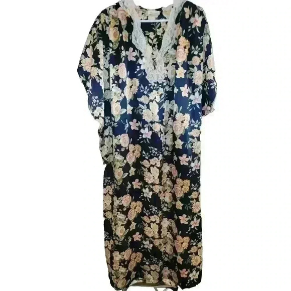 Vtg Barbizon Kaftan Blue Floral Lace Grandmacore Nightgown XXL Maxi Mumu - Picture 1 of 16